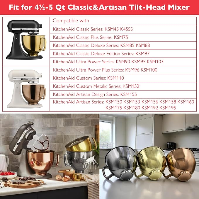 5 Quart Metallic Finish Stainless Steel Mixer Bowl for KitchenAid Classic&Artisan Series 4.5-5 QT Tilt-Head Mixer, Gray Color, Silicone Scraper, Dishwasher Safe, Fit K45SS KSM75 KSM90 KSM150