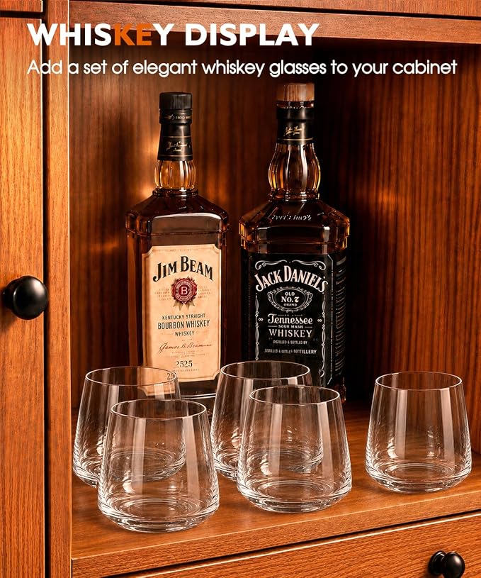 Whiskey Glasses Lead-Free Crystal Old Fashioned Glass Clear Set of 4 13.5oz | whiskey glasses with ergonomic curved shape, Holds ice balls，elegant gift choice for whiskey lovers