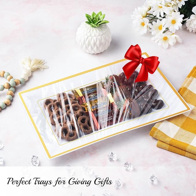 Mint Living-Elegant Plastic Serving Tray & Platter Set (3pk)-White & Gold Rim Disposable Serving Trays & Platters for Food - Weddings, Parties, Dessert Table, Cupcakes - 8x13 inches (White + Gold)