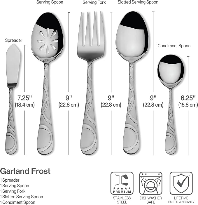 Pfaltzgraff Frost 53-Piece Flatware Set, 18/0 Stainless Steel Silverware Set for 8 with Steak Knives, Serving Pieces, Dishwasher Safe