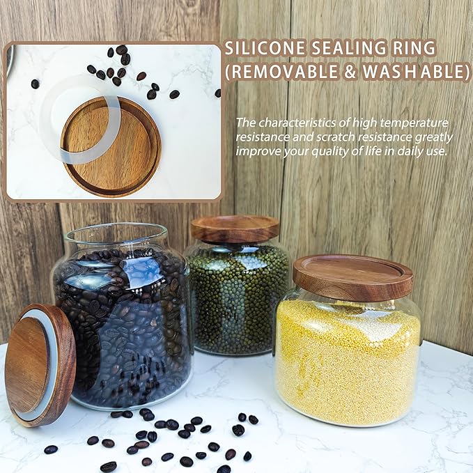 1PC Glass Storage Jars with Airtight Lids, 44 fl oz (1300ml) coffee container with Wooden Lid, Glass Pantry Canister for Beans, Rice, Sugar and etc