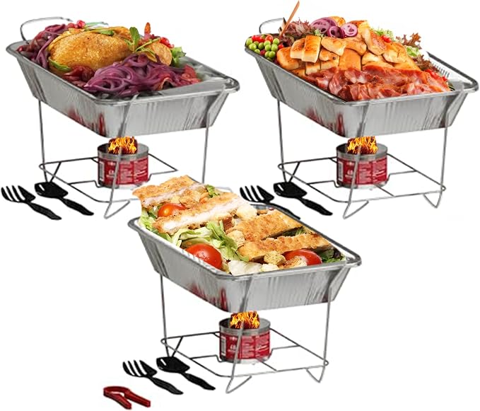 Alpha Living 3-Pack Disposable Chafing Dish Buffet Set with Fuel Cans | Food Warmers for Parties, Fuel Cans Complete Set, Half Size Pans, Warming Trays