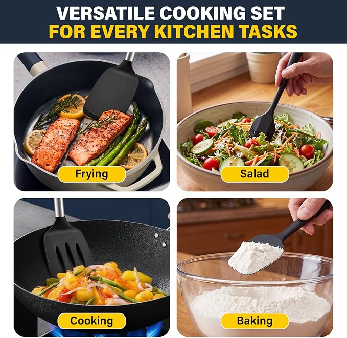 Silicone Spatula Set, Heat Resistant Solid & Slotted Turner for Non-Stick Pans, BPA-Free Silicone Cooking Utensils, Flexible Spatula for Flipping Eggs, Burgers, Pancakes, Fish, Black, 4 PCS-A