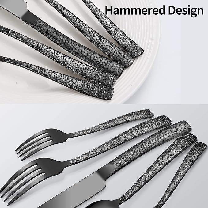 Remoxye 40-Piece Silverware Set, Black Hammered Stainless Steel Flatware Sets for 8, Food-Grade Tableware Set, Including Fork Knife Spoon Set, Durable Home Kitchen Cutlery Sets, Dishwasher Safe