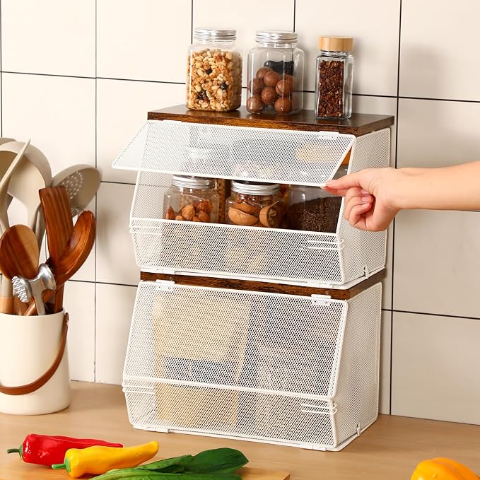 Teenyyou 2 Pcs Stackable Mesh Fruit Basket with Lid Wall Produce Vegetable Storage Basket Onion Potato Hanging Metal Wire Container for Kitchen Counter Pantry(Non-removable,White,7.1" w & 11.8" l)