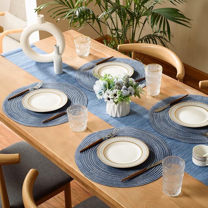 FunWheat Round Braided Placemats Set of 6 Place mats for Dining Tables Woven Heat Resistant Table Mats 15 inch (Blue)