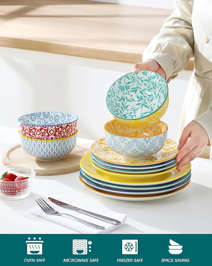 vancasso SELENE Plates and Bowls Set for 4, 12 Pieces Dinnerware Sets, Mircowave and Dishwasher Safe Dishes Set, Porcelain Pastel Dinnerware