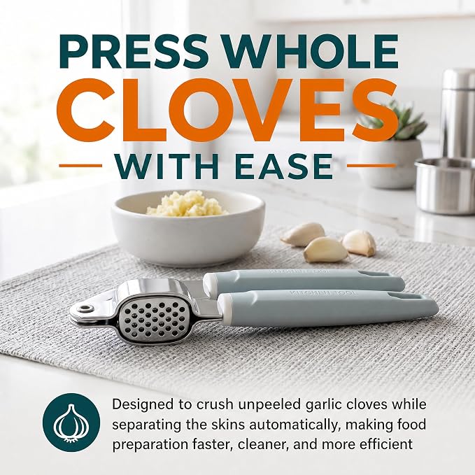 Garlic Press Stainless Steel, Easy-Squeeze Garlic Mincer with Ergonomic Handle, No Need to Peel, Large Capacity Crusher, Heavy Duty, Rustproof & Dishwasher Safe
