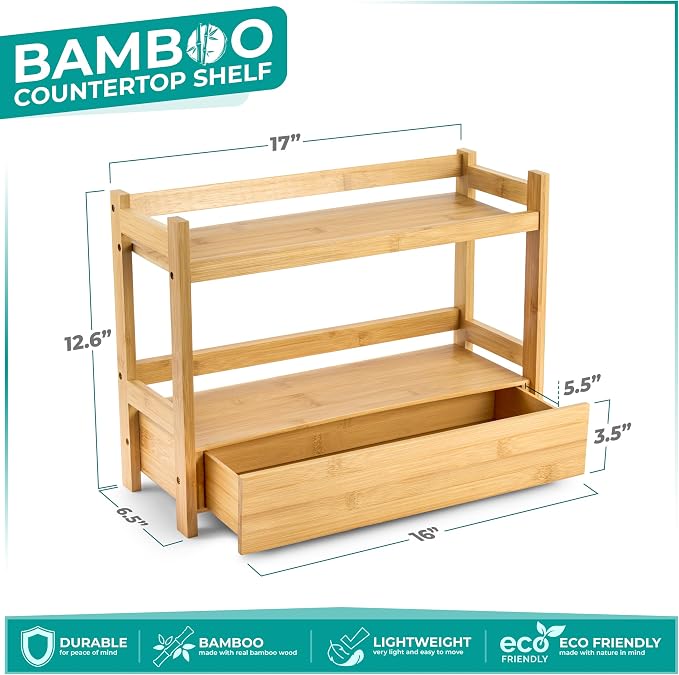 Sorbus 2-Tier Bamboo Countertop Shelf with Hidden Drawer for Vanity, Matcha Shelf, Bathroom Storage Cabinet, Under Sink Organizer, Bathroom Storage, Matcha Station Shelf (17″ L x 6.5″ W x 12.6″ H)