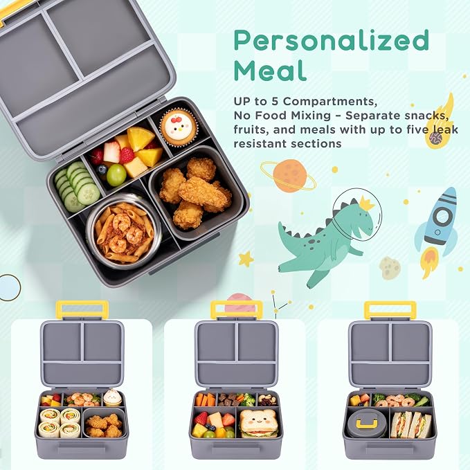 Kids Bento Lunch Box with 8oz Thermo, Ice Pack & Dividers for School | Food Container 5 Compartments,Insulated Food Jar,Keep Warm&Cold,Removable Dividers,Leak-Resistant,BPA-Free,Easy to Clean