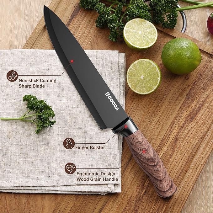 Knife Set,GOODA 9 Piece Kitchen Knife Set with Block and Sharpener, Anti-Rust Stainless Steel Cooking Knives Set for Kitchen, Chef Knife Block Set