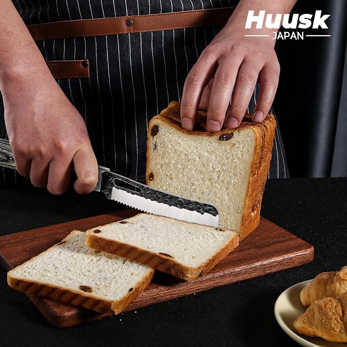 Huusk Japanese Folding Bread Knife - Pocket Knife with Wide Wavy Edge | Hand Forged Blade, Wooden Handle, Gift Box, For Homemade Bread, Steak and Tomato, For BBQ, Camping and Travel