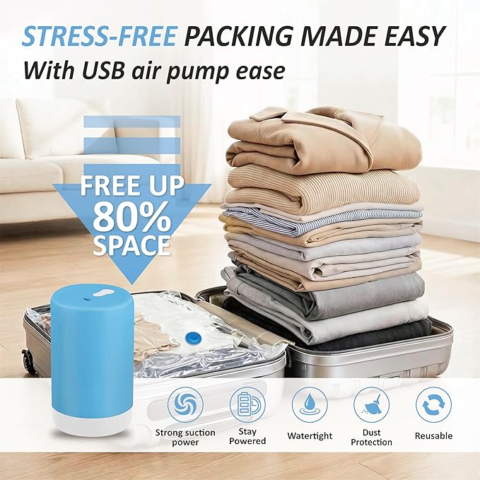 Cozy Essential Travel Vacuum Storage Bags with Rechargeable Cordless USB Pump, Space Saver Bags for Luggage, Suitcase, Carry-On, for Clothes, Blankets, Bedding & Seasonal Storage,12 Combo