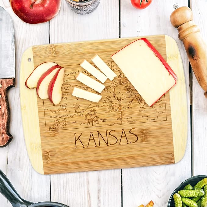 Totally Bamboo A Slice of Life Kansas Engraved Map Cutting Board | 11” x 8.75” charcuterie board with engraved state map artwork. Smooth reverse side for food prep. Hang tie for wall display.