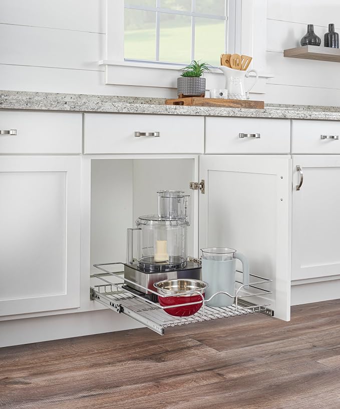 Rev-A-Shelf Steel Wire Pullout Drawer Organizer Shelf for Kitchen Cabinets, Slide Out Storage Basket, Min Opening Width of 20.5", 21" x 22", 5WB1-2122CR-1
