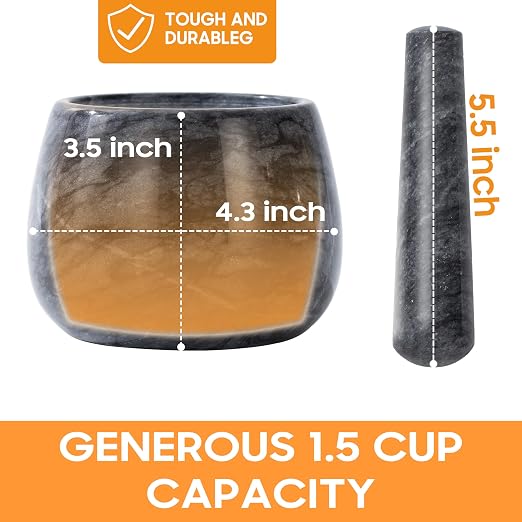 Heavy Duty Mortar and Pestle, Natural Marble Mortar and Pestle Set, Spice Herb Grinder Make Fresh Guacamole, Salsa, Pesto, Stone Grinder Bowl, 1.5 Cup