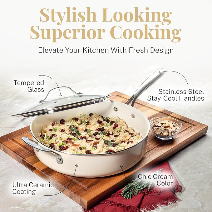 GOTHAM STEEL 5.5 Qt Saute Pan with Lid - Nonstick Deep Frying Pan, 100% PFOA Free Ceramic, Dishwasher Safe, Cream White