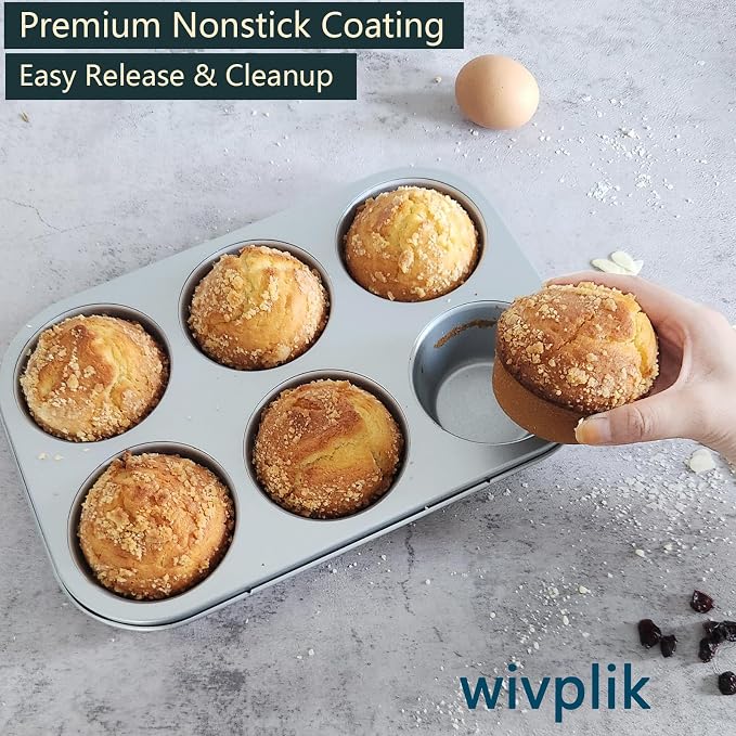 Nonstick Jumbo Muffin Pans, 2 Pack 6 Cup Extra Large Cupcake Tins | Premium Non-Toxic Non-Stick Coating, Heavy Duty Carbon Steel, 3.5 Inch Dia Deep Muffin Trays for Home Baking