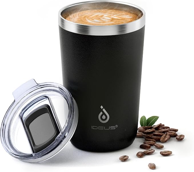 Ideus 20 oz Tumbler, Travel Coffee Mug with Splash Proof Sliding Lid, Double Wall Stainless Steel Vacuum Insulated Coffee Mug for Home and Office, Keep Beverages Hot or Cold, Black