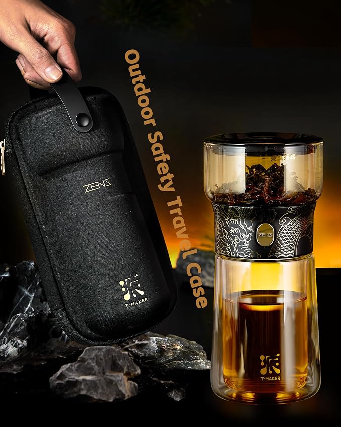ZENS Glass Infuser Teapot, Cool One Touch Tea Maker For Loose Tea, Dragon | Modern Tea Diffusers, Magic Tea Pot with 9oz Insulated Mug and Portable Bag for Herbal Tea Lovers Gifts
