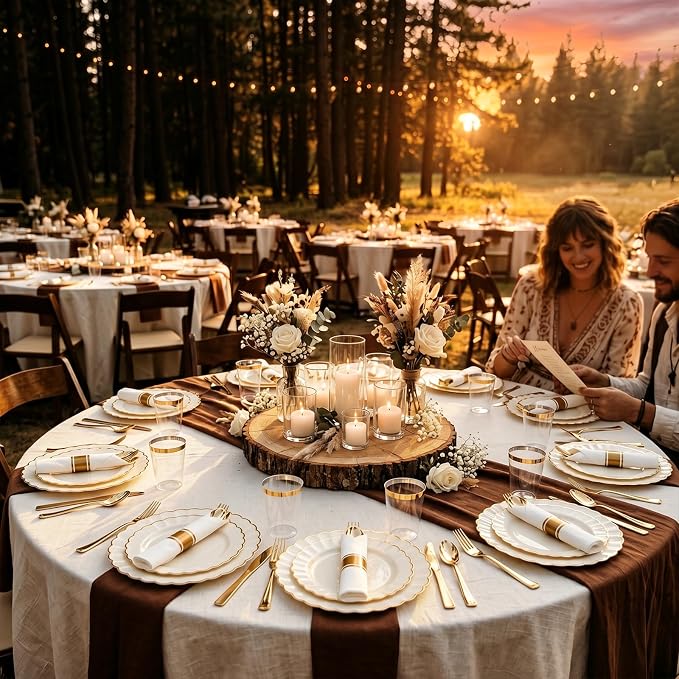 YOUBET 350PCS Ivory Scalloped Plastic Plates for Wedding Party | Ivory and Gold Disposable Dinnerware Set Include 100 Plates, 150 Gold Silverware, 50 Cups, 50 Napkins