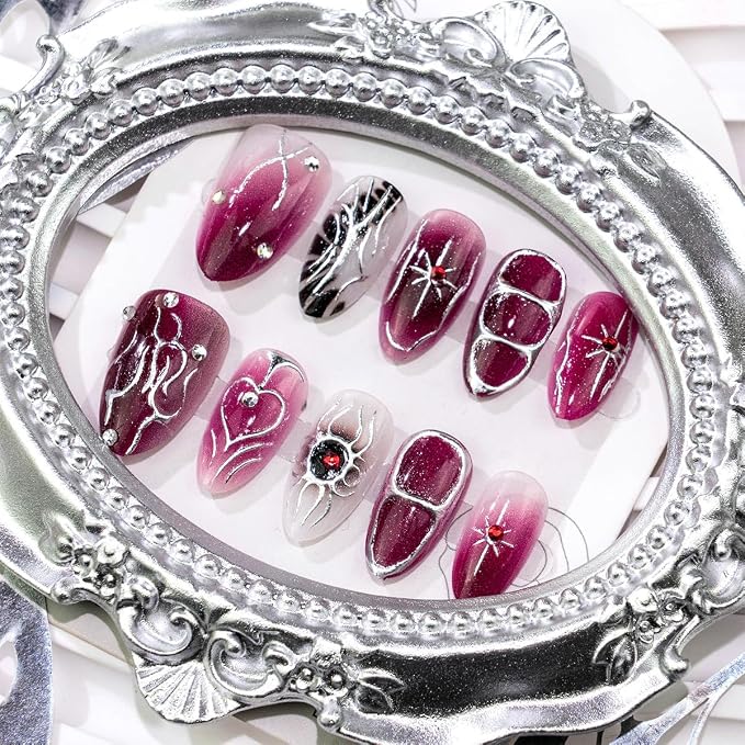 30Pcs Gothic Press On Nails Dark Red Gradient Fake Nails with Spider Rhinestones Designs Medium Almond Goth Acrylic Nails Chrome Line Stick On Nails for Women Halloween Party Reusable False Nails