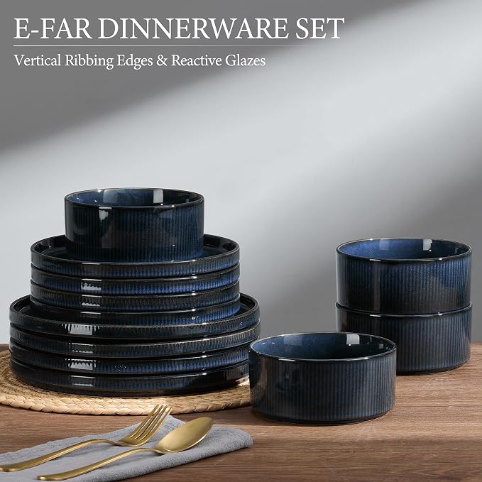 E-far Stoneware Dinnerware Sets, 18-Pieces Plates and Bowls Sets, Chip & Scratch Resistant Ribbed Dishes Set for 6, Modern Kitchen Dinning Porcelain, Dishwasher & Microwave Safe, Midnight Blue