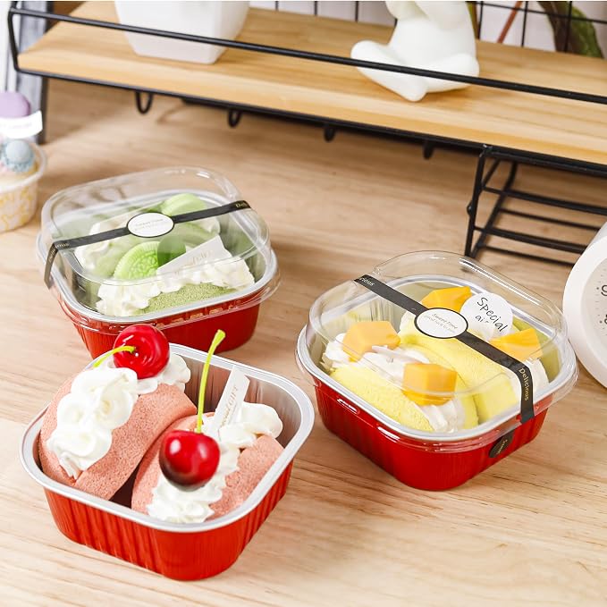Square Cake Pans with Lids, 60 Pack Red 10oz for Party Favors | Works for sweet bites, savory samples, dips and layered cups; add the cover only after contents cool.