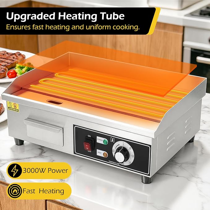 Dyna-Living Electric Griddle 22''Flat Top Grill Commercial Teppanyaki Grill | 3000W Countertop Flat Top Griddle Stainless Steel Electric Griddles, Non-Stick, Easy to Clean, 122℉-572℉ Temp Adjustable