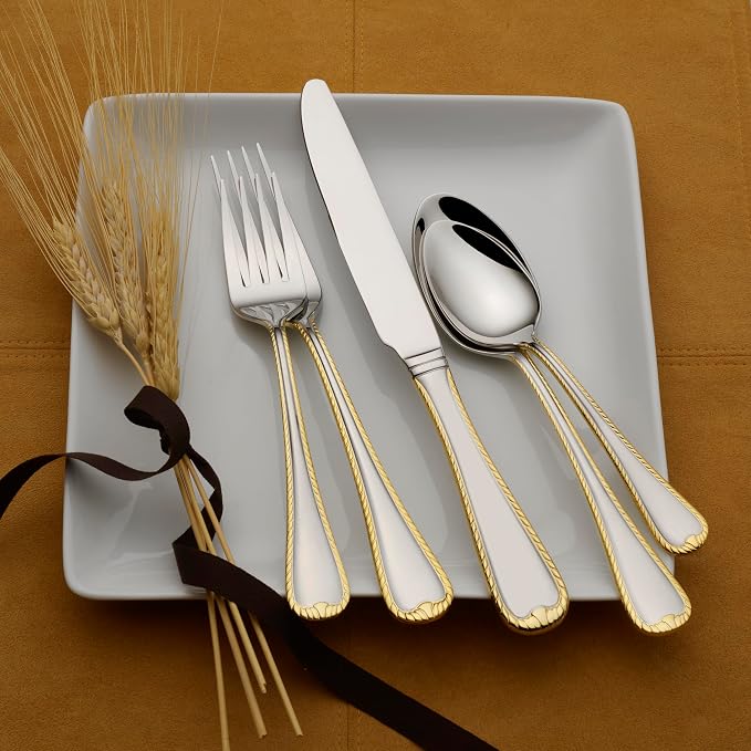 Mikasa Cameo Gold 65-Piece Flatware Set for 12, 18/10 Stainless Steel Silverware with 24-Karat Gold Accents, Teardrop Handles, Dishwasher Safe