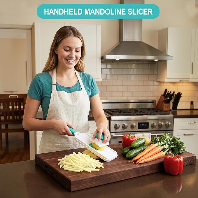 DINM Handheld Mandoline Slicer for Kitchen – Stainless Steel Vegetable Slicer with 3 Interchangeable Blades, Safety Food Holder, Potato, Cucumber & Carrot Cutter