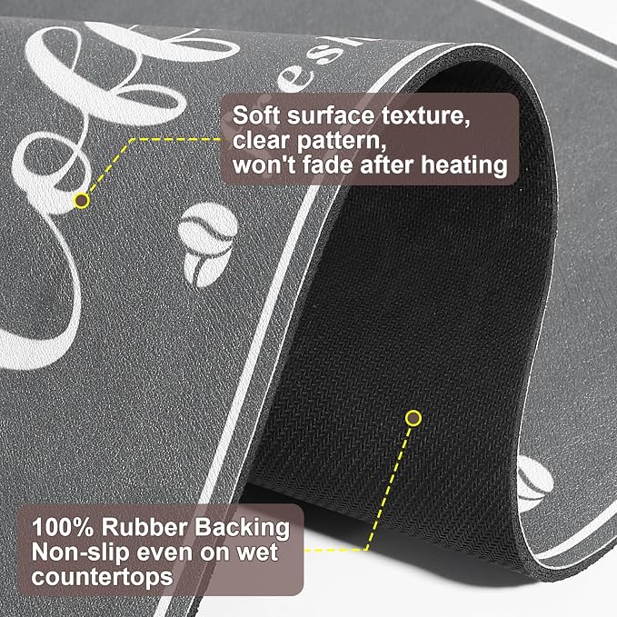 CooRug Fashion Coffee Mat, Dish Drying Mat 17" x 32" Dark Grey | Hide Stain, Absorbent, Coffee Bar Accessories, Heat Resistant, Non-slip, Eco-friendly, Easy to Clean