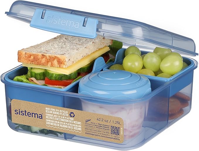 Sistema Ocean-Bound Plastic 1.25L Bento Box, Airtight & Stackable, School Lunch Box with 150mL Snack Pot, Freezer, Microwave, & Dishwasher-Safe, BPA-Free, Made with Recycled Plastic, Assorted Colors