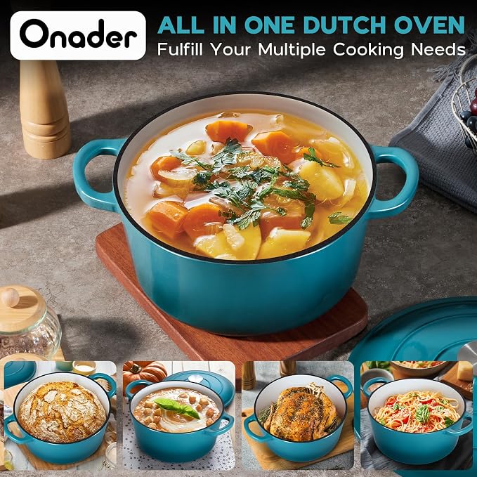 Onader Small Dutch Oven Pot with Lid, 3 Quart Round Enameled Dutch Oven for Bread Baking, Heavy Duty Cast Iron Cookware - Dark Cyan