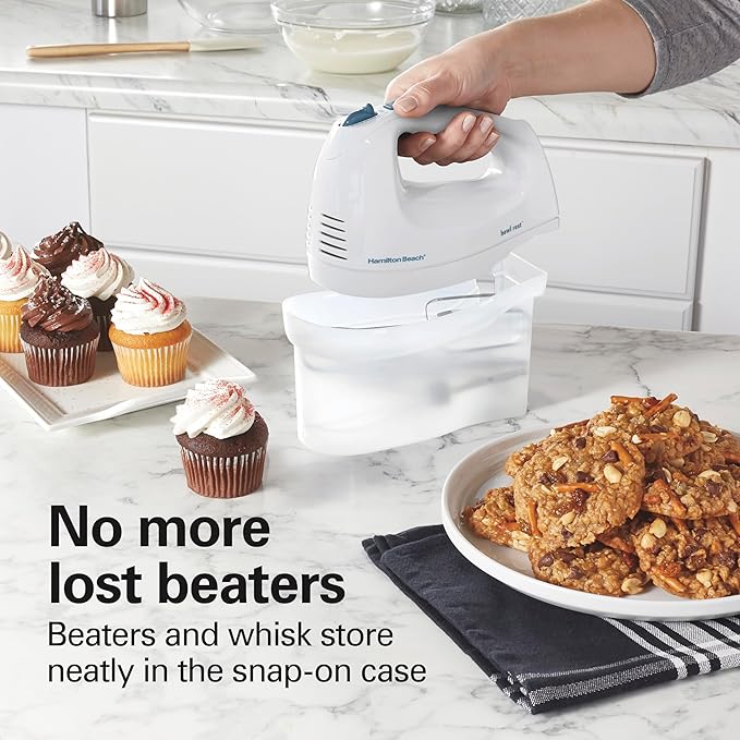 Hamilton Beach 6-Speed Electric Hand Mixer with Whisk,Traditional Beaters,Snap-On Storage Case,250 Watts,White,(Pack of 2)