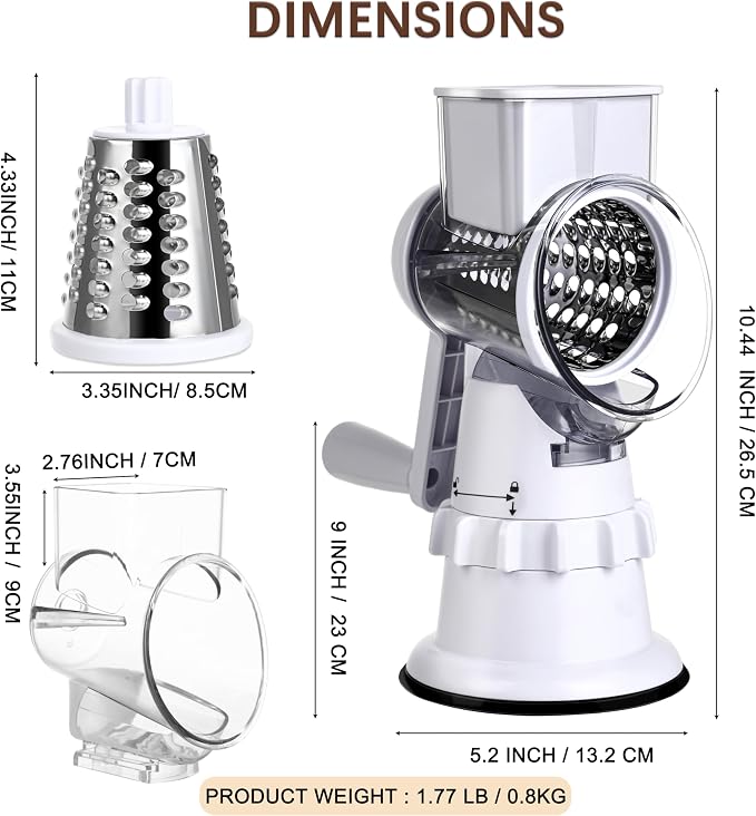 Rotary Cheese Grater Hand Crank, Vegetable Slicer with 3 Blades, Stable Suction, Labor-Saving Handle, Cheese Shredder for Potato Vegetables Nuts Chocolate, White