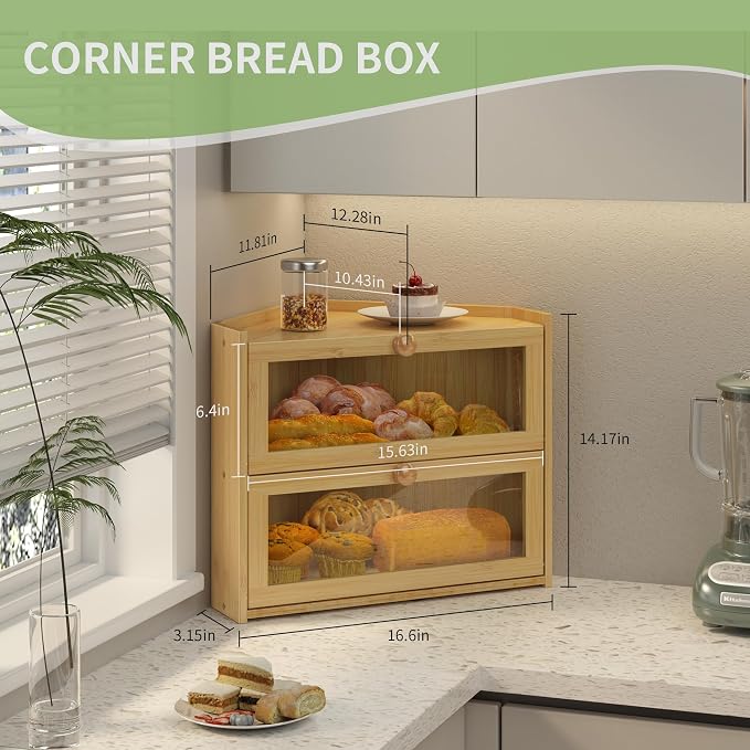 JANSNIMEN Corner Bread Box for Kitchen Countertop Bamboo Bread Holder | Large Capacity Bread Container Storage Wooden Farmhouse Breadbox (Bamboo,16.6"L x 12.28"W x 14.17"H)