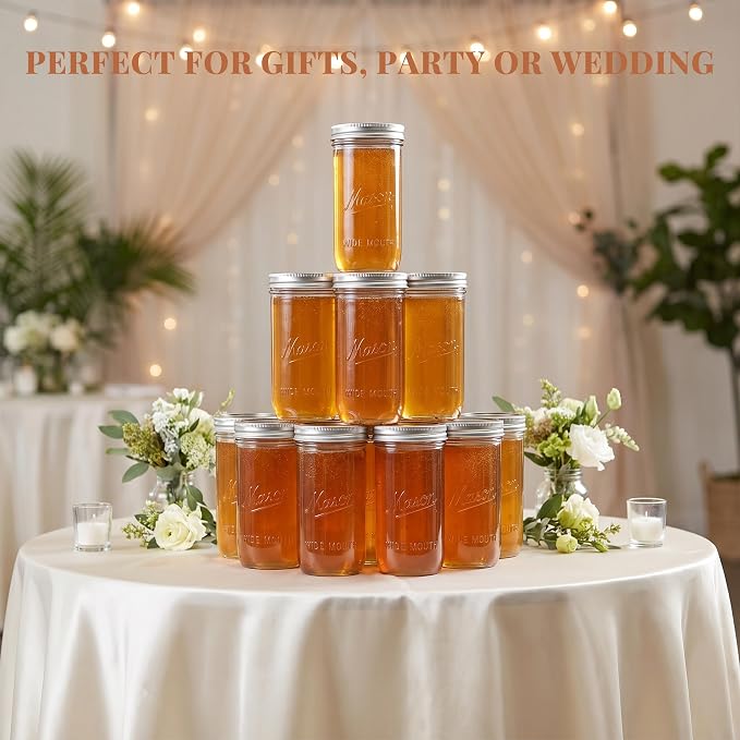 CycleMore 24oz Embossed Glass Mason Jars – Set of 4 | Vintage Style Canning Jars With One-Piece & Stainless Steel Split Lids, BPA-Free & Durable. Dishwasher Safe. Non-Slip Grip.