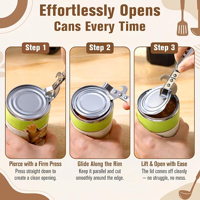 2 Pack 3 in 1 Can Openers, Vintage Can Opener with Dual Sided Blade, Left & Right Hand Friendly, Heavy Duty Stainless Steel Old Fashioned CanOpener, One for Kitchen, One for Camping
