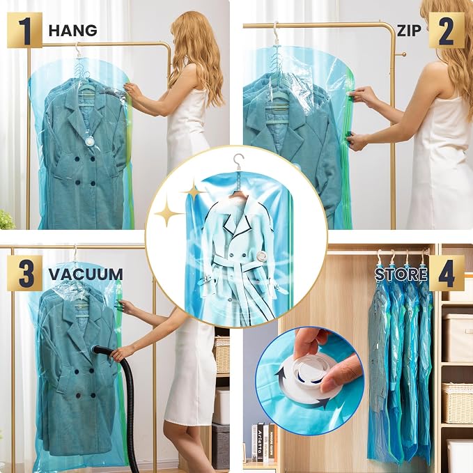 TAILI Hanging Vacuum Storage Bags Clothes, Coats, Jackets,6 Jumbo Blue | Vacuum Seal Bags for Clothing, Space Saver Winter Clothes Storage Closet Organizer Garment Storage