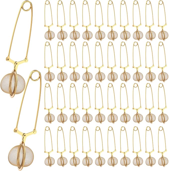 Yinder 40 Pcs Loose Leaf Tea Infuser Stainless Steel Mesh Snap Tea Ball Strainers with Handle Metal (Gold)