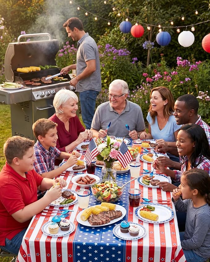 350 Piece 4th of July Blue Star Plastic Dinnerware Set | Disposable Dinnerware Includes: 100 Plates, 50 Pre Rolled Napkins with Silverware, 50 Cups