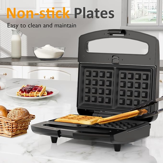 3 in 1 Electric Sandwich Maker with Removable Nonstick Plates - 800W,Black | for Belgian Waffle/Panini/Grill/Pancake Griddle/Breakfast,Dishwasher Safe,Cool Touch Handle,Easy to Clean & Store