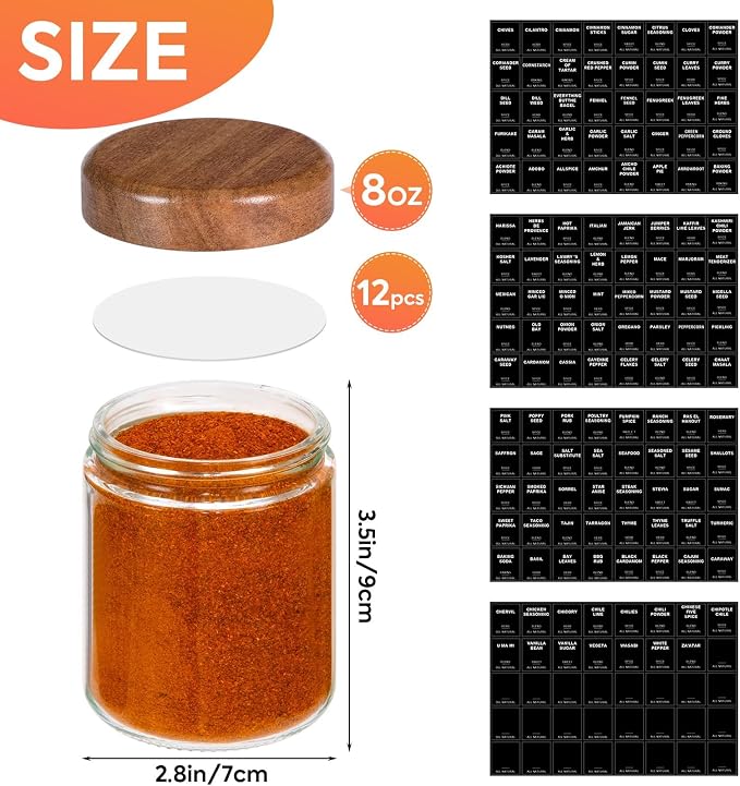 Glass Spice Containers for Kitchen: 12P 8oz Dishwasher Safe Jars | Acacia Wood Lids Round Seasoning Jars w/Lables/Liners for Rack/Cabinet/Drawer