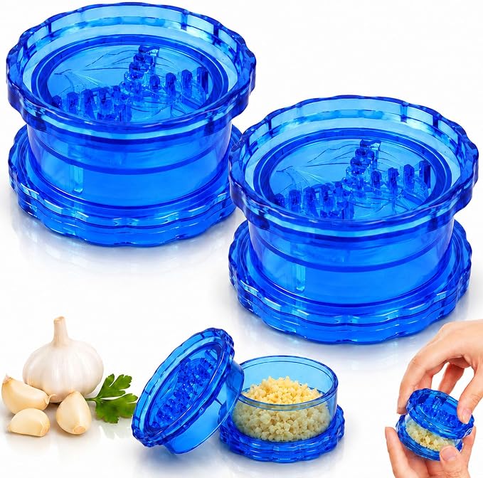 2PCS Clear Manual Garlic Twister and Ginger Mincer Tool, Manual Garlic Twister and Mincer, Garlic Crusher, Garlic Grinder, Compact Garlic Mincer Tool, Ginger, Herbs (Bule-2PCS)
