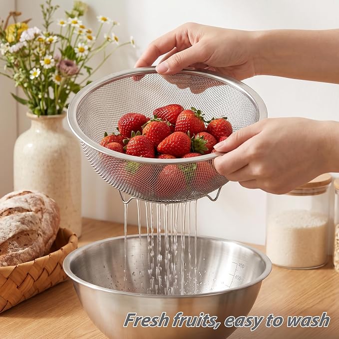 2 Pcs Stainless Steel Kitchen Colander Set Rice Washer Strainer Mixing Bowl | Colander Bowl Set with Microporous, Kitchen Mesh Net Strainer Basket, for Washing Vegetables Fruits Rice Pasta
