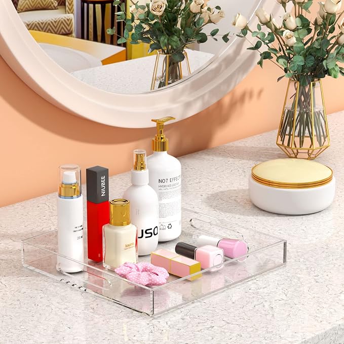 NIUBEE Clear Serving Tray 12x12 Inches -Spill Proof- Acrylic Decorative Tray Organiser for Ottoman Coffee Table Countertop with Handles | Spill-Proof tray for Coffee Table, Ottoman | Decorative Tray for Breakfast in Bed, Drink Serving & Home Organization