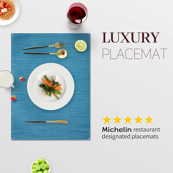 Blue Placemats Set of 6, 12x18 Inch Faux Linen Table Mats | Heat Resistant and Washable Design, Easy to Clean Surface for Dining Rooms, Kitchens, Outdoor Parties and Everyday Home Decor