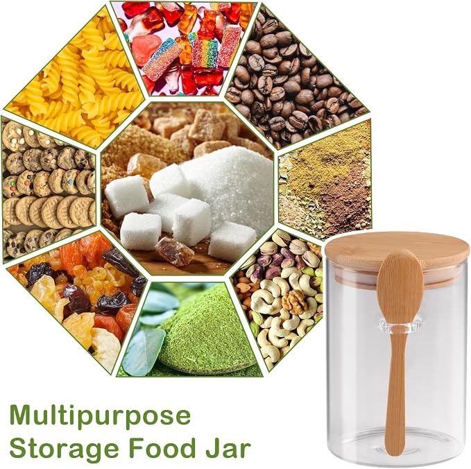 Set of 4 Clear Glass Jars with Airtight Bamboo Lids & Spoons 20 oz, Food Storage Containers for sugar and flour, Dry Goods, Bath Salts