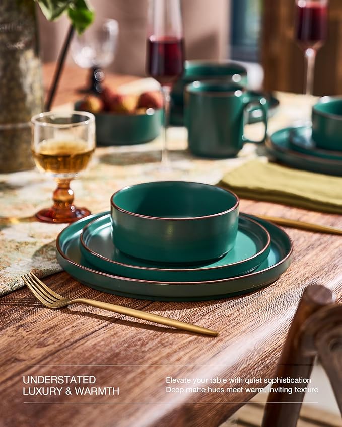 Famiware Nebula Ridge 24-Piece Dinnerware Set with Pasta Bowls, Dark Green | Stoneware Plates and Bowls for 6, Warm Hand-Painted Rims, Microwave and Dishwasher Safe